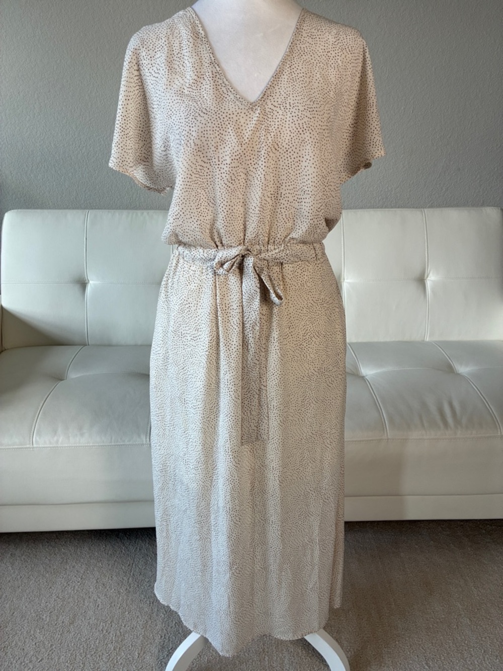 Sienna Sky Beige Dot Print Maxi Belted Dress, Elasticated Waistband and Pockets